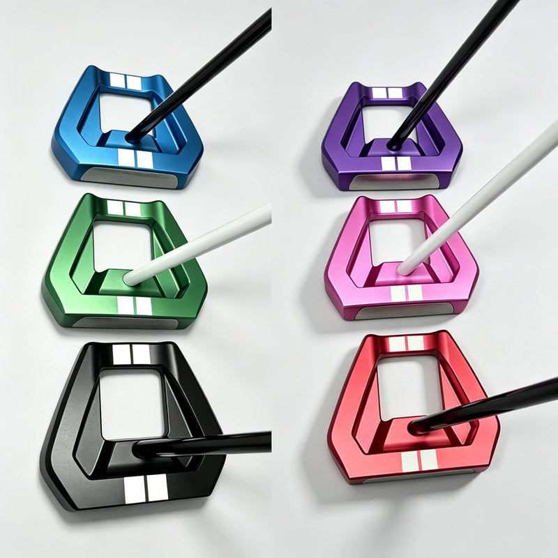 Putter maillet à tête évidée – six têtes colorées vues de derrière avec leurs lignes blanches