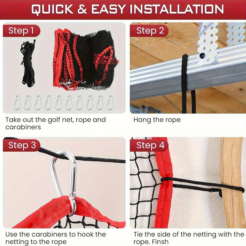 Filet d'entraînement de golf 3 × 3 m – installation en quatre étapes avec la corde et les mousquetons