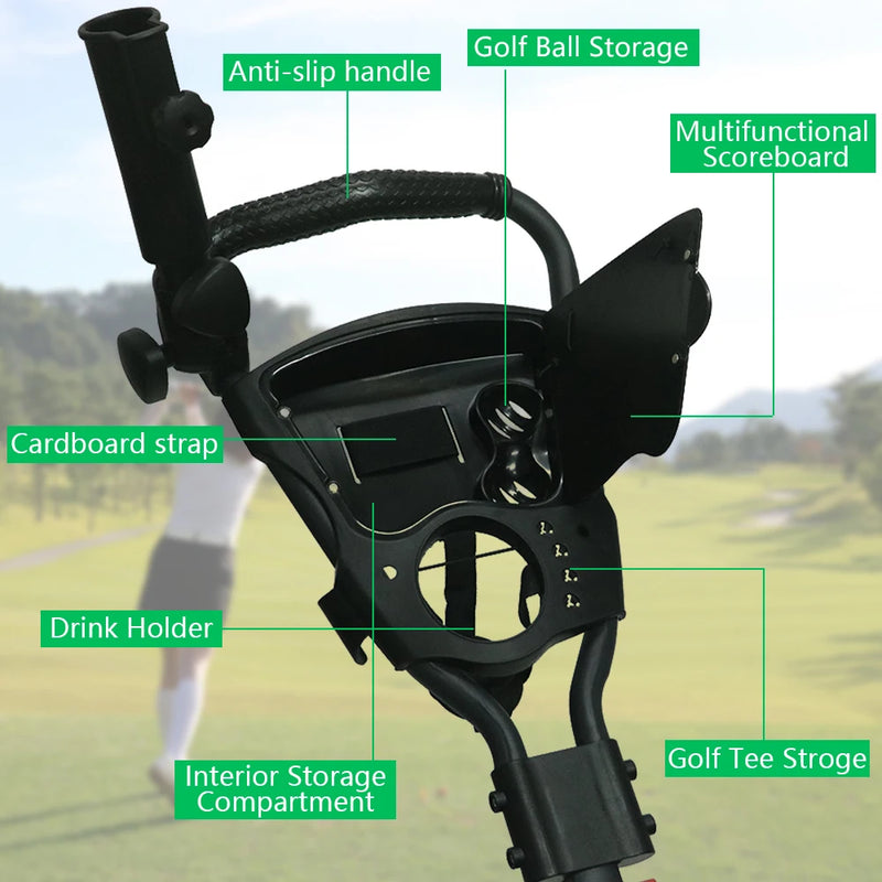 Chariot de golf manuel pliable 3 roues – tablette de la poignée : porte-gobelet, rangements et tableau de score