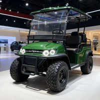 Voiturette de golf électrique pour hôtel et parc – vue de face avec phares ronds et pare-chocs