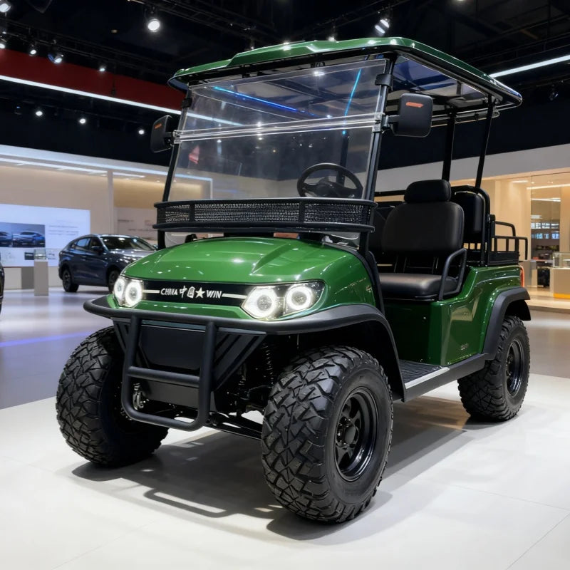 Voiturette de golf électrique pour hôtel et parc – vue de face avec phares ronds et pare-chocs