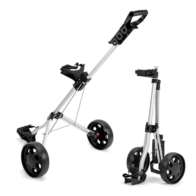 Chariot de golf 2 roues aluminium – chariot déployé et chariot replié côte à côte