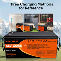 Batterie lithium voiturette de golf 48 V 100 Ah – trois modes de recharge : chargeur, panneaux solaires, groupe électrogène
