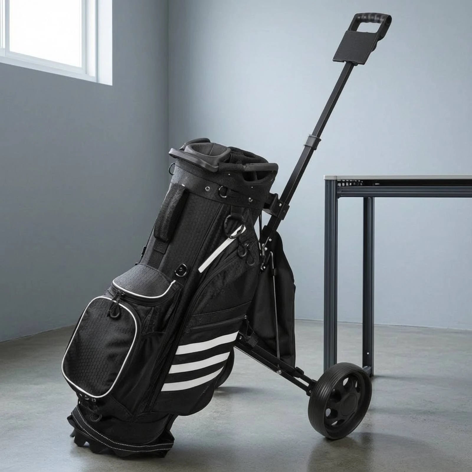 Chariot de golf manuel compact à 2 roues en aluminium noir, poche latérale et poignée longue