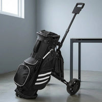Chariot de golf manuel compact à 2 roues en aluminium noir, poche latérale et poignée longue