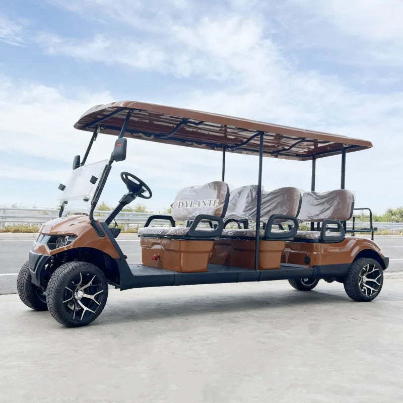Voiturette de golf électrique moteur AC 4 kW – vue de trois quarts avant de la version longue à toit marron
