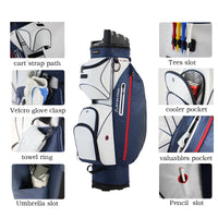 Sac de golf chariot bleu marine et blanc avec ses poches : tees, gant, serviette, parapluie, crayon
