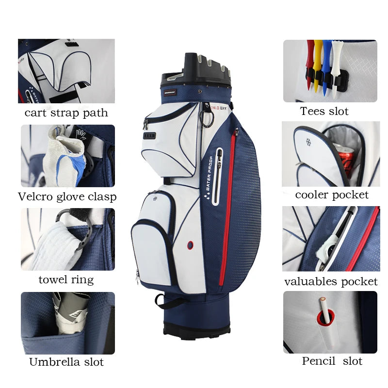 Sac de golf chariot bleu marine et blanc avec ses poches : tees, gant, serviette, parapluie, crayon