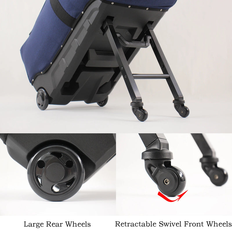 Housse de voyage golf à roulettes – détail du pied de la housse : grandes roues arrière et support rabattable