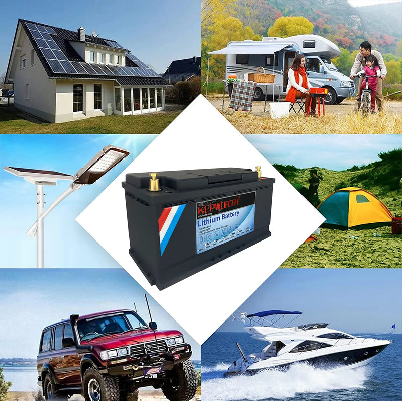 Batterie lithium LiFePO4 12 V à 48 V – batterie posée devant quatre usages : maison solaire, camping-car, véhicule tout-terrain et bateau