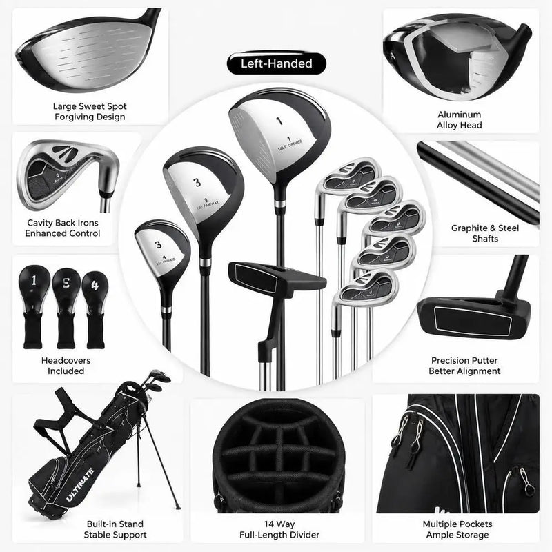 Set de golf complet gaucher – détails des têtes, des manches et du sac