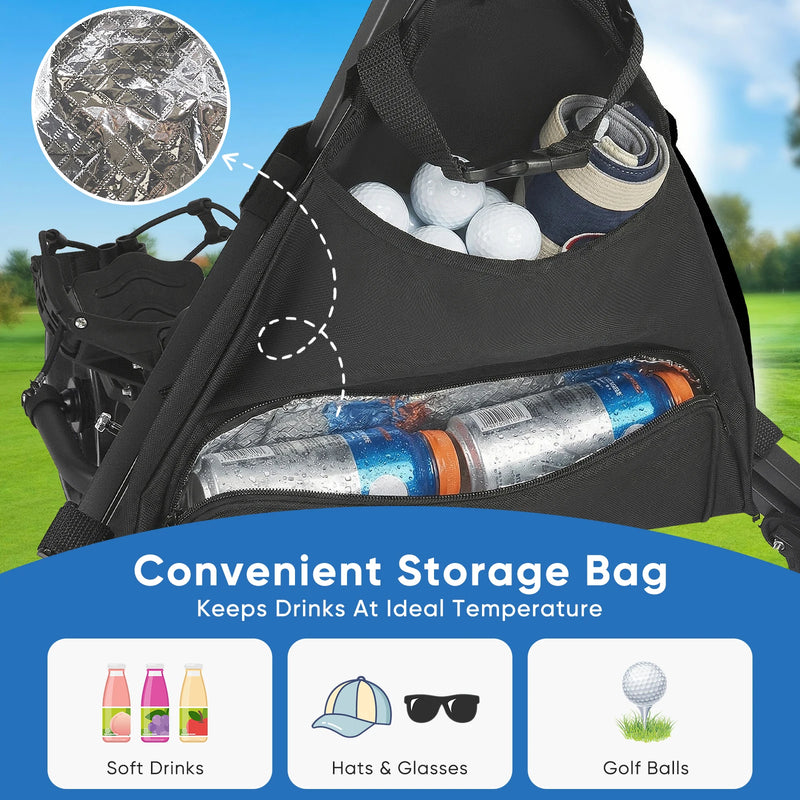 Chariot de golf manuel pliable – sac isotherme rempli de boissons et de balles