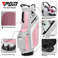 Sac de golf trépied femme ultraléger – détails du sac gris et rose : coussin dorsal, cadre anti-collision, pochette en polaire, poche isotherme, base élargie