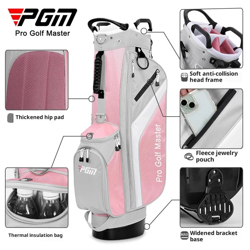 Sac de golf trépied femme ultraléger – détails du sac gris et rose : coussin dorsal, cadre anti-collision, pochette en polaire, poche isotherme, base élargie