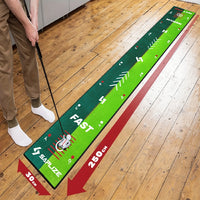 Tapis de putting golf – golfeur en position de putt sur un parquet, longueur du tapis