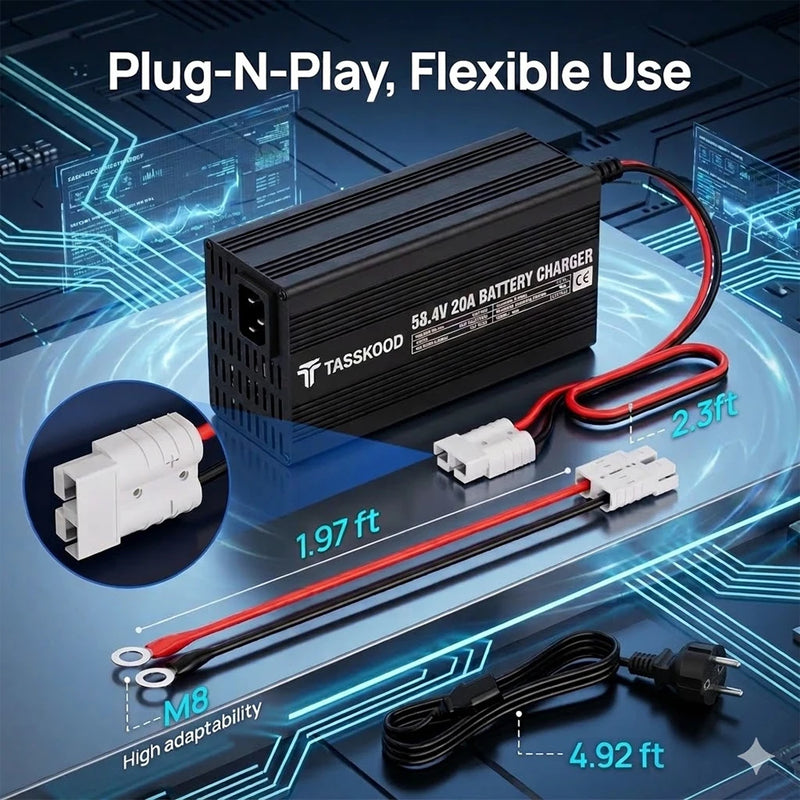 Chargeur intelligent LiFePO4 58,4 V – câble à bornes M8 et cordon secteur avec leurs longueurs