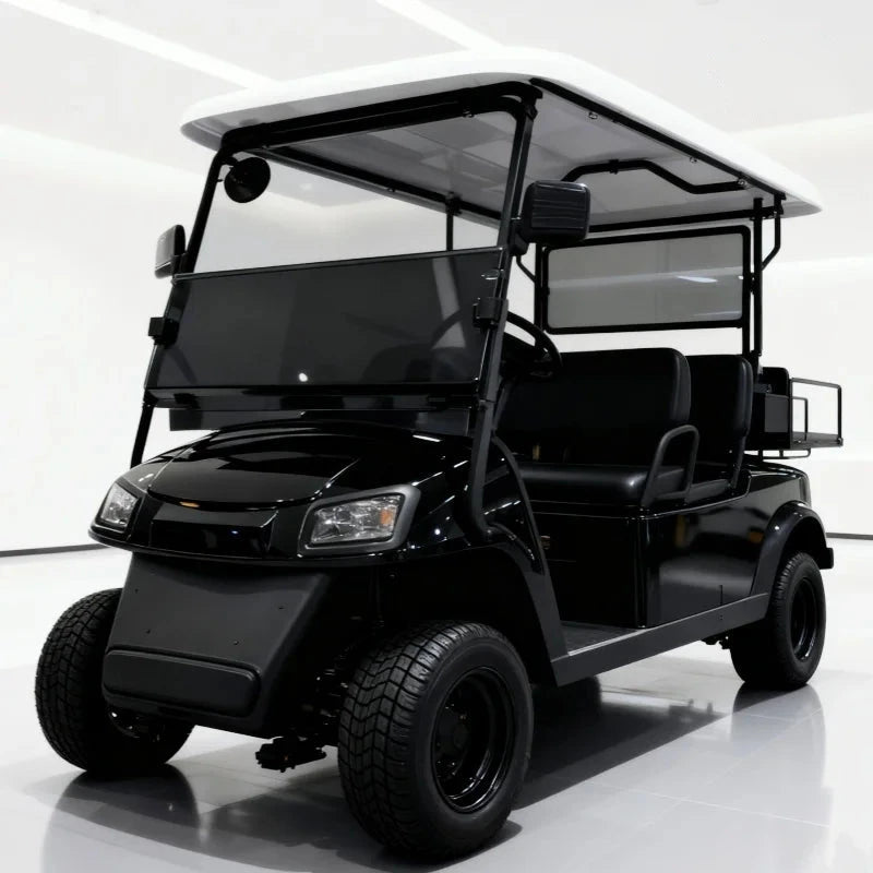 Voiturette de golf 2 à 10 places – vue de trois quarts avant, carrosserie noire et pneus route
