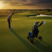 Chariot de golf manuel pliable à 3 roues – golfeur au putting à côté du chariot