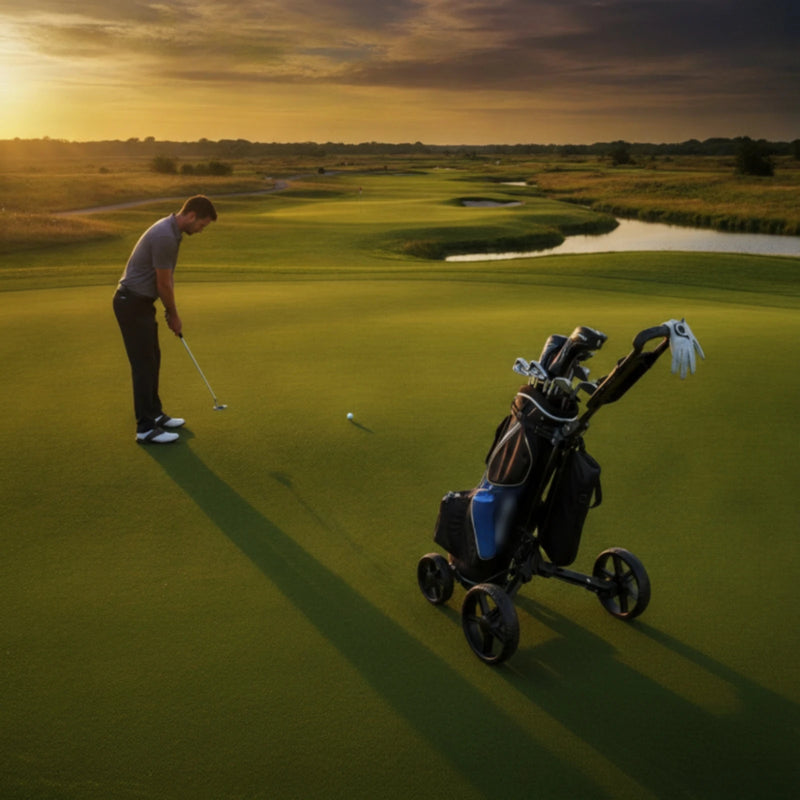 Chariot de golf manuel pliable à 3 roues – golfeur au putting à côté du chariot