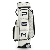 Sac de golf tour blanc à roulettes – détail des poches de la face avant du sac et de ses roues