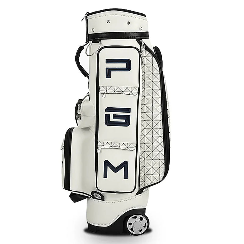 Sac de golf tour blanc à roulettes – détail des poches de la face avant du sac et de ses roues
