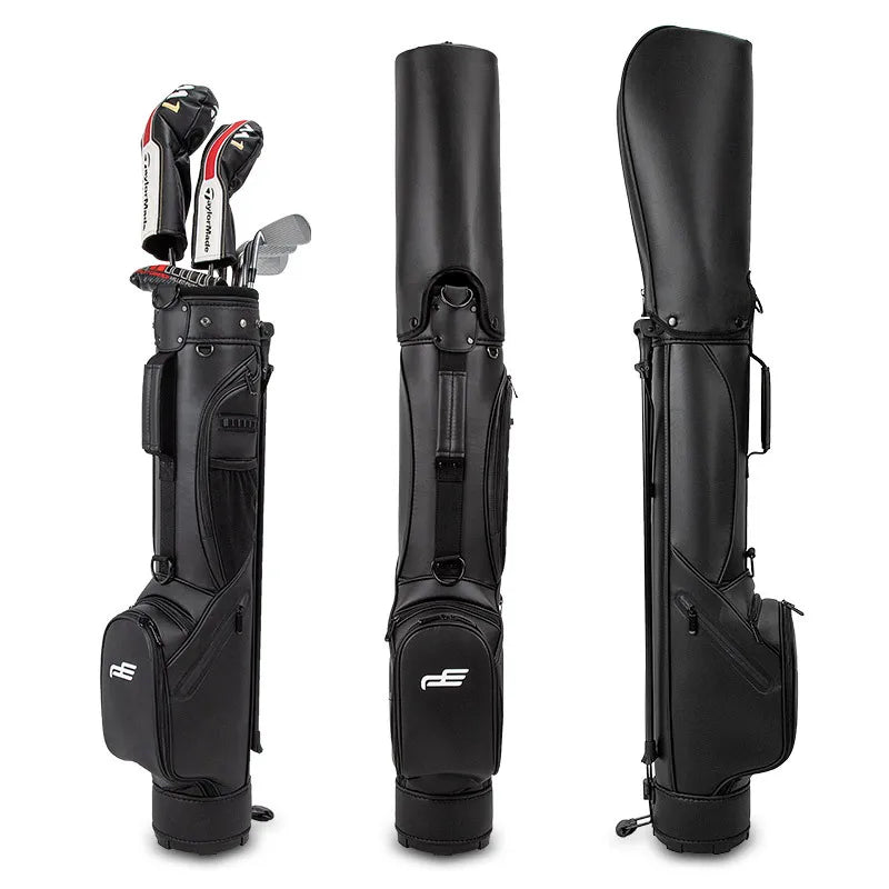 Sac de golf pencil à trépied en cuir PU – sac noir vu de face, de dos et de côté avec quelques clubs