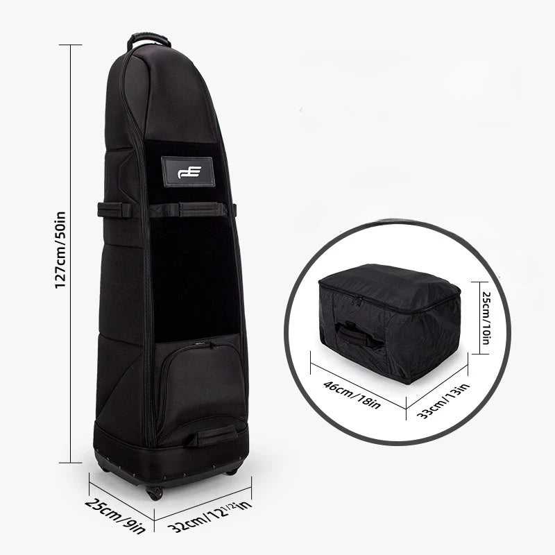 Housse de voyage golf à face souple – dimensions de la housse : 127 cm de haut, base 32 × 25 cm, volume replié 46 × 33 × 25 cm