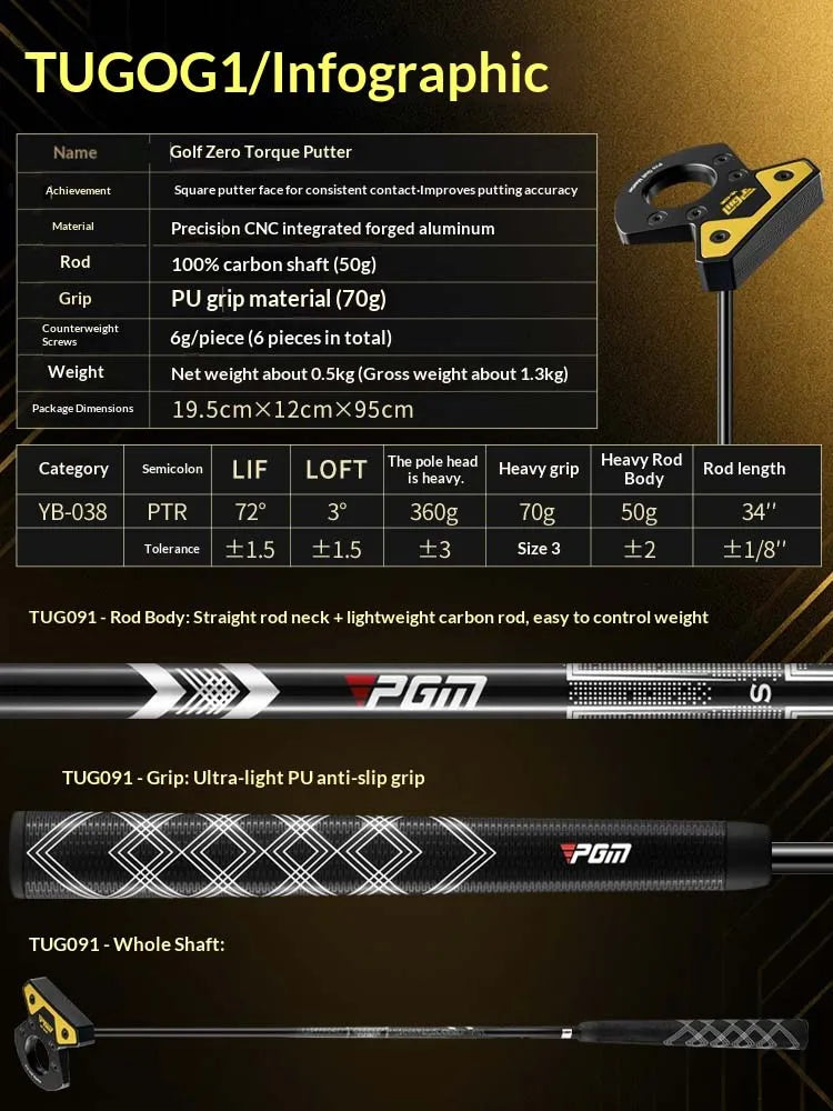 Putter maillet zéro torque – tableau du loft, du lie, des poids et de la longueur