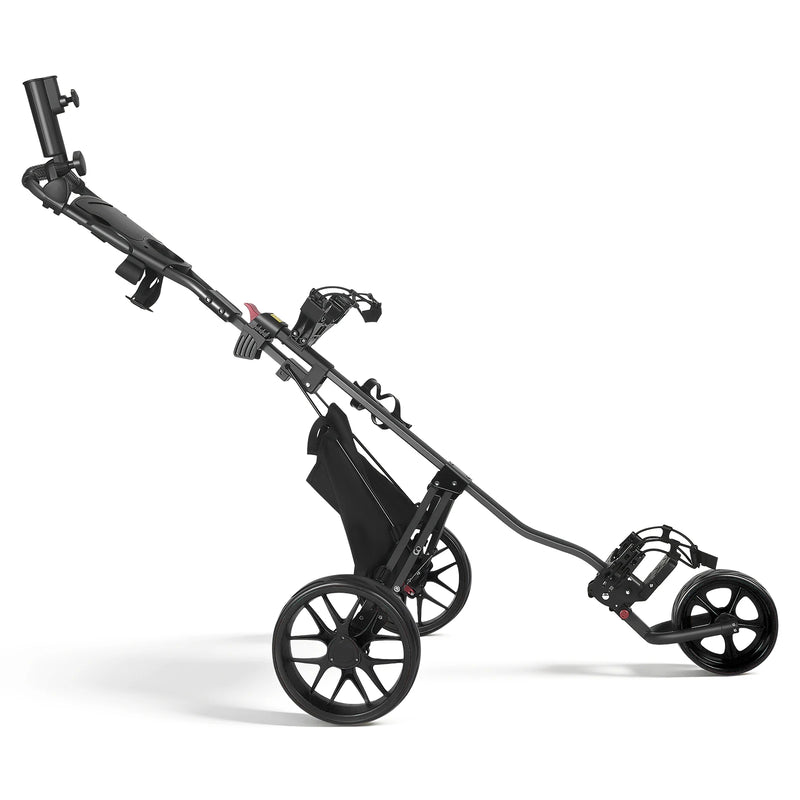 Chariot de golf pliable 3 roues – chariot déplié sur fond blanc