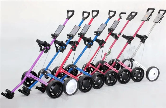 Chariot de golf manuel 2 roues – plusieurs chariots alignés, vue d'ensemble de la gamme