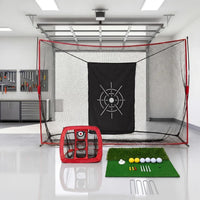 Filet de golf rouge – installation dans un garage avec le filet de chipping et le tapis