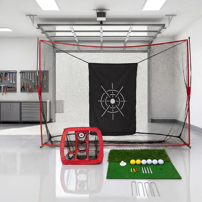 Filet de golf rouge – installation dans un garage avec le filet de chipping et le tapis