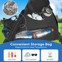 Chariot de golf pliable 3 roues – sac isotherme rempli de boissons et de balles