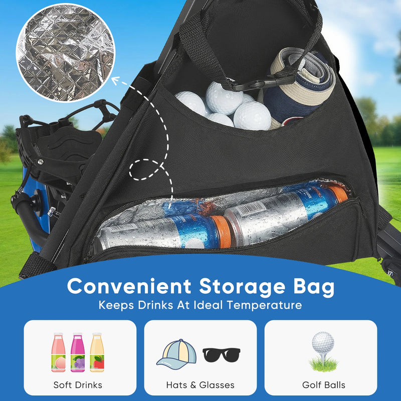 Chariot de golf pliable 3 roues – sac isotherme rempli de boissons et de balles