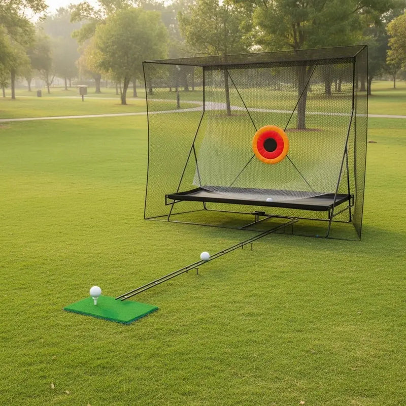 Filet de golf avec piste de retour de balle – filet et rail de retour sur une pelouse de parc