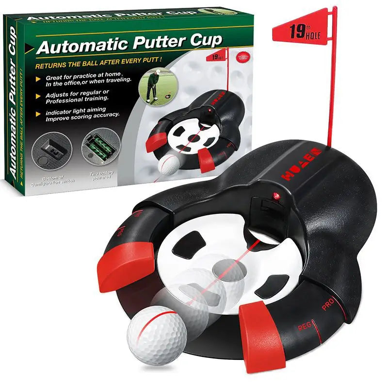 Coupelle de putting à retour automatique – coupelle avec son drapeau et sa boîte
