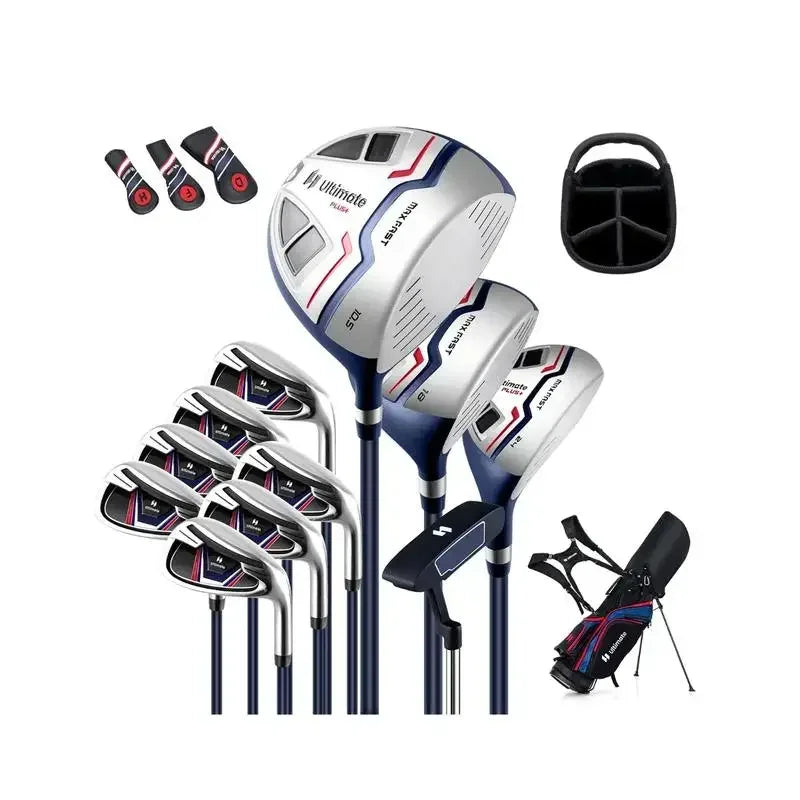 Kit de golf complet droitier 11 clubs, fers inox, putter zinc, sac trépied bleu