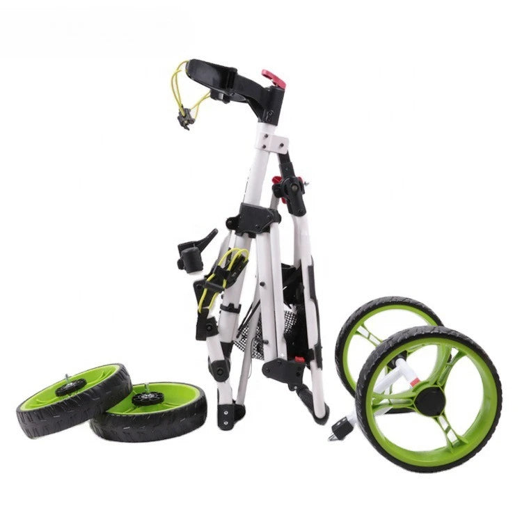 Chariot de golf manuel 4 roues démontables – cadre clair replié avec les roues démontées à côté