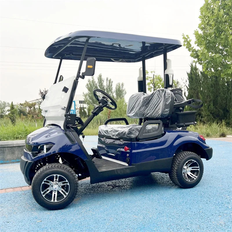 Voiturette de golf électrique à panier avant – version 2 places bleu marine vue de profil