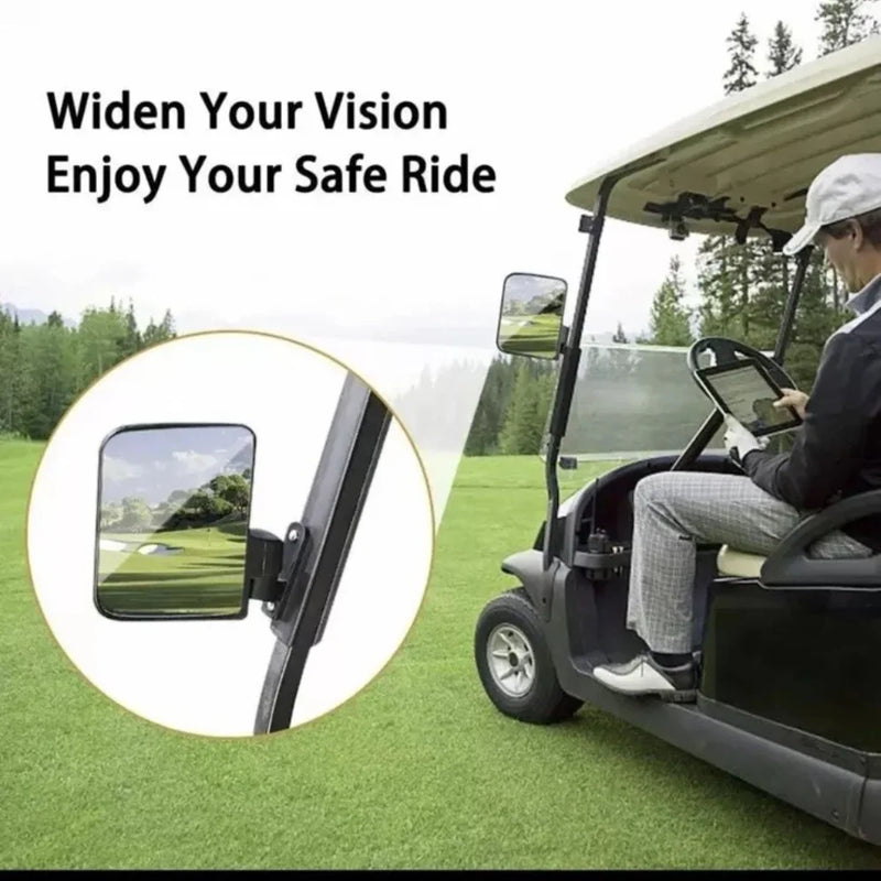 Rétroviseurs convexes pour voiturette de golf – miroir monté sur le montant, vue de détail et conducteur au volant