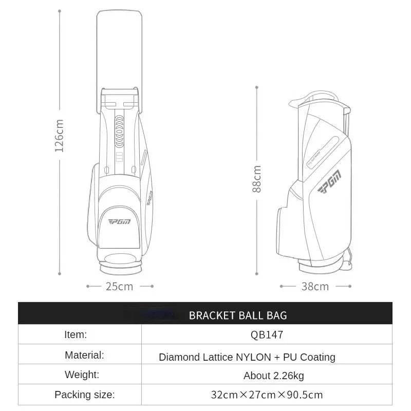 Sac de golf trépied léger – schéma coté du sac, hauteur de 126 cm et largeur de 25 cm