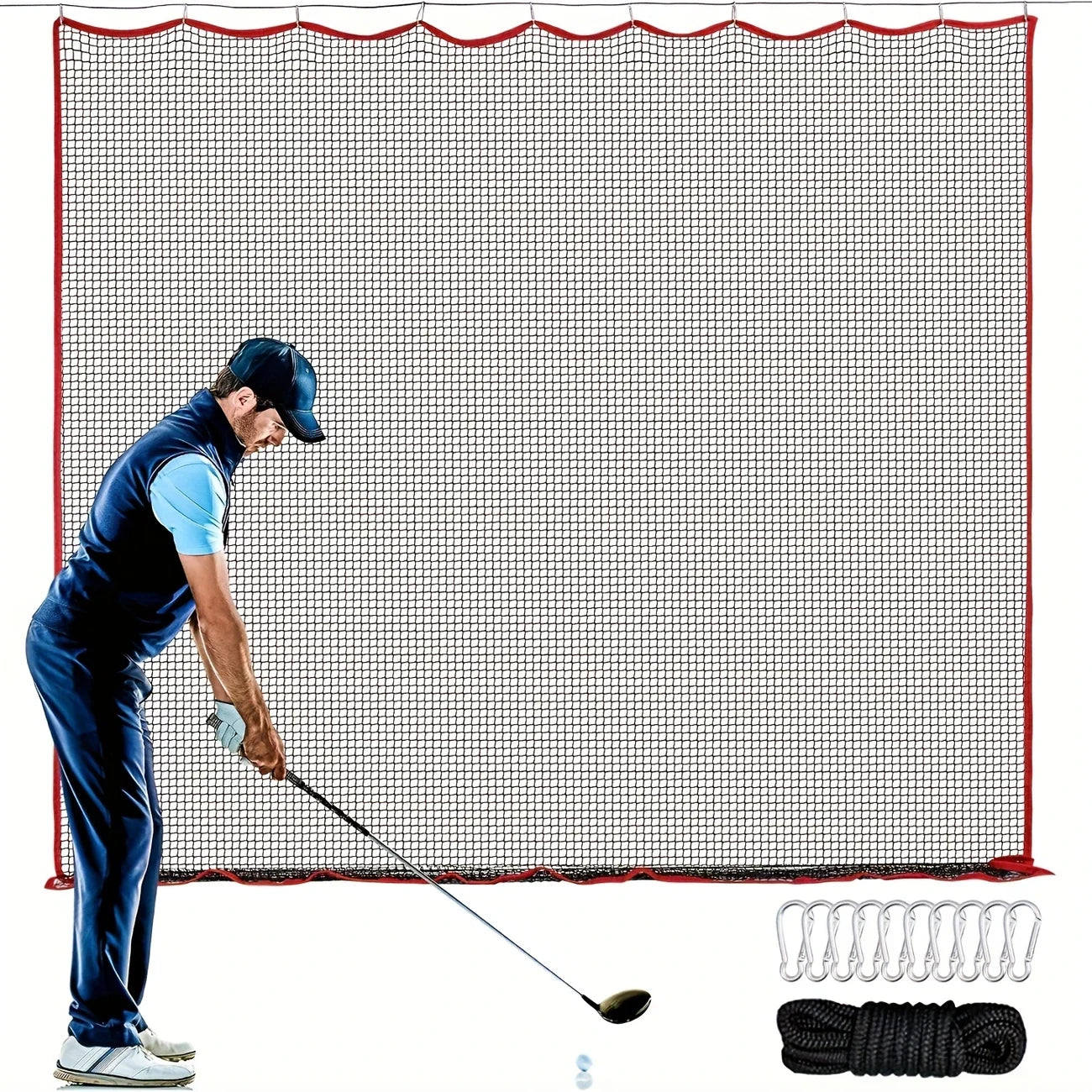 Filet d'entraînement de golf 3 × 3 m en polyester, bordure rouge