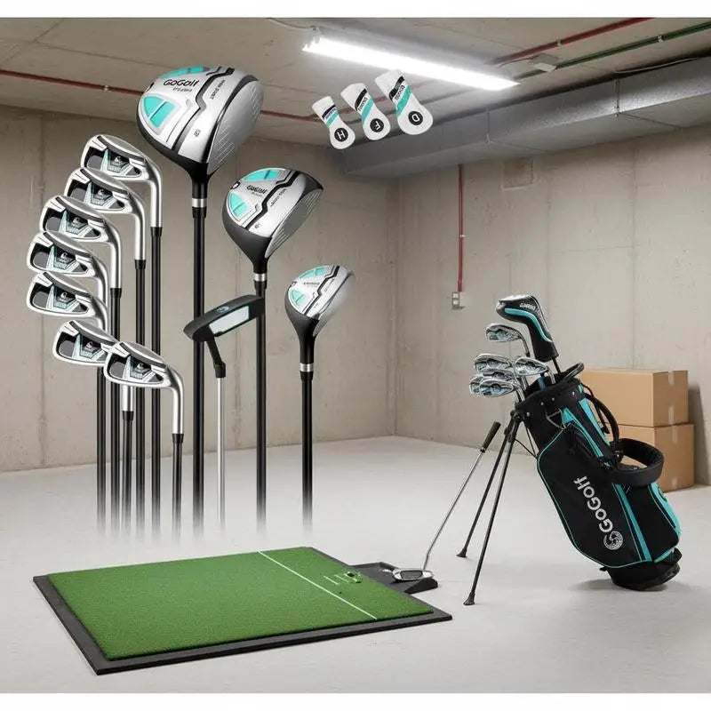 Set de golf complet femme – clubs, couvre-clubs et sac près d'un tapis de putting