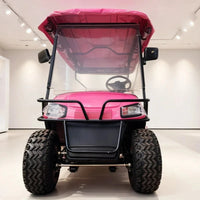 Voiturette de golf électrique multifonction rose – vue de face avec pare-brise et pneus crantés