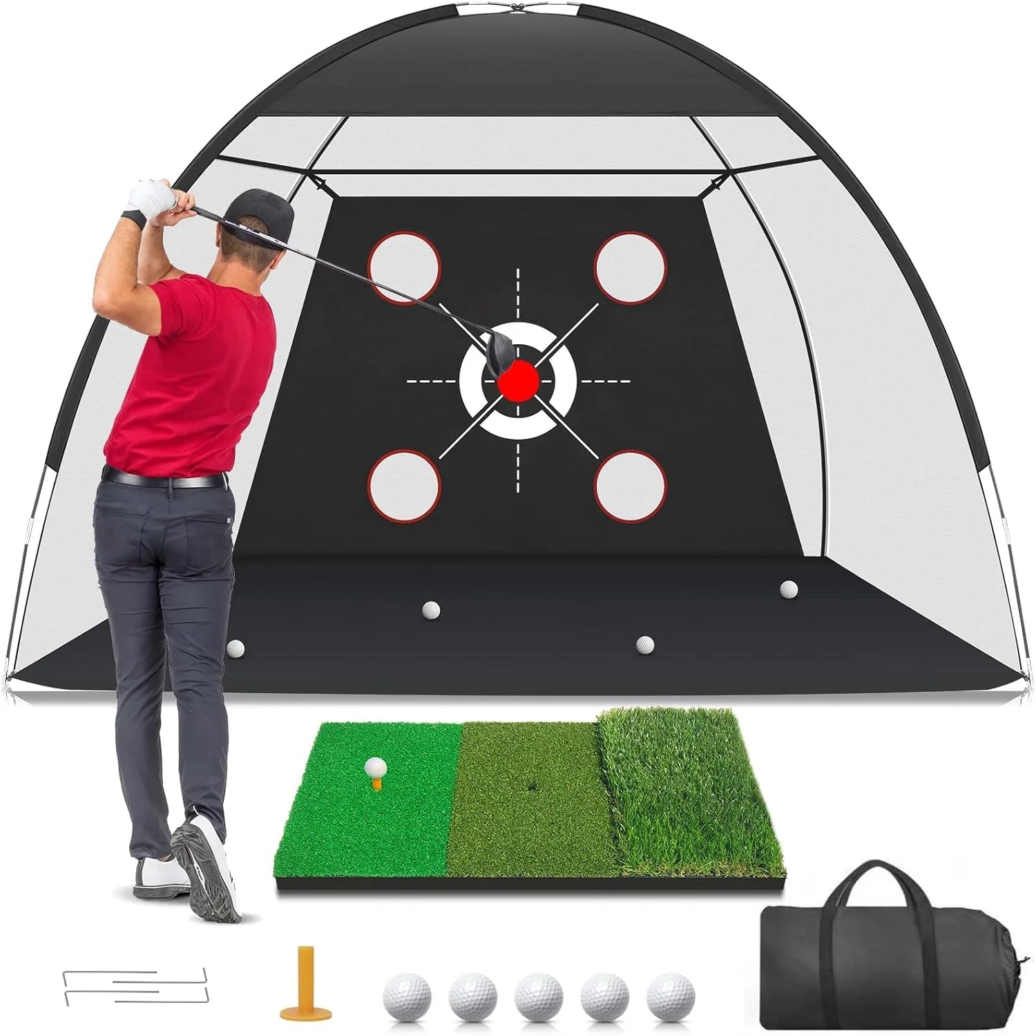 Filet de golf multi-cibles 10 × 7 pieds avec tapis 3 en 1 et 5 balles