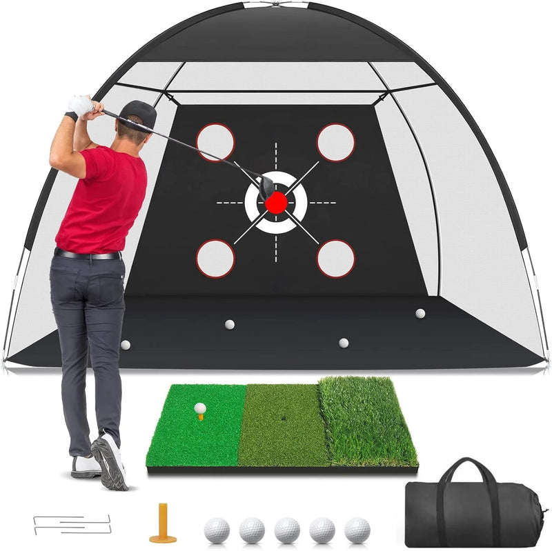 Filet de golf multi-cibles 10 × 7 pieds avec tapis 3 en 1 et 5 balles