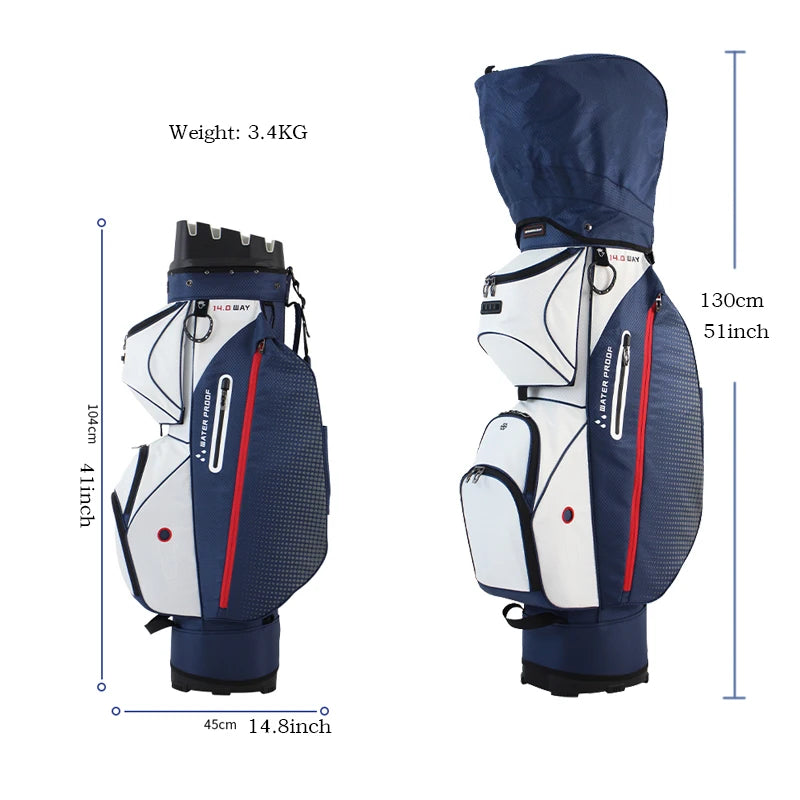 Sac de golf chariot de 3,4 kg avec ses dimensions : 130 cm avec capot, 104 cm sans, 45 cm de large