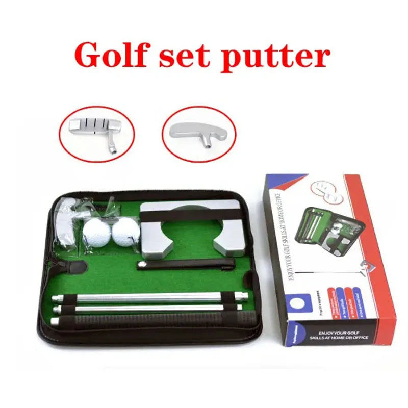 Mini kit de putting golf – sac ouvert à côté de sa boîte, coupelle et deux balles