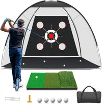 Filet de golf dôme – golfeur à l'entraînement avec tapis, balles et sac de transport