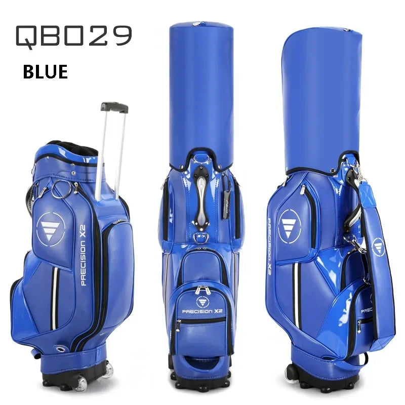 Sac de golf tour à roulettes – coloris bleu, vu de face, de dos et de profil